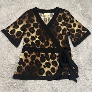 Diana Bell Top Leopard Print Faux Wrap Blouse 1/2 Sleeve Women's Small
